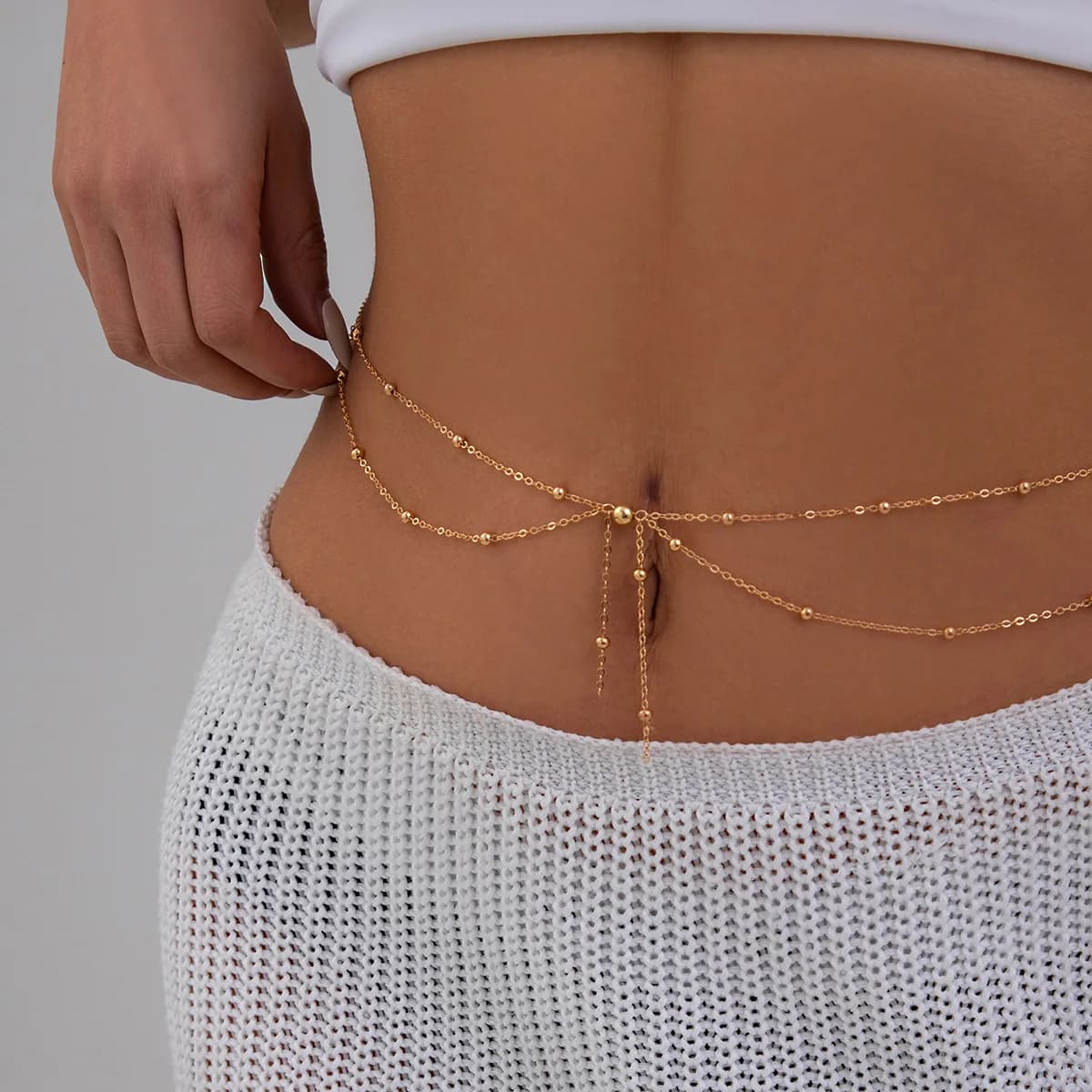 Waist Chain Multi Layer U Shape Thin Chain Round Beads Sweet Punk Style for Women Daily Commute Durable Stainless Steel Silver