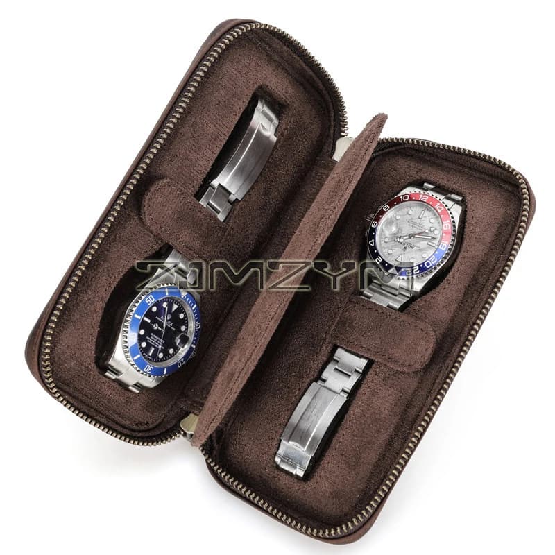 Genuine Leather Watch Case with Zipper, 2 Slots Travel Watch Pouch, Retro Protective Storage Bag for Men Women Gift