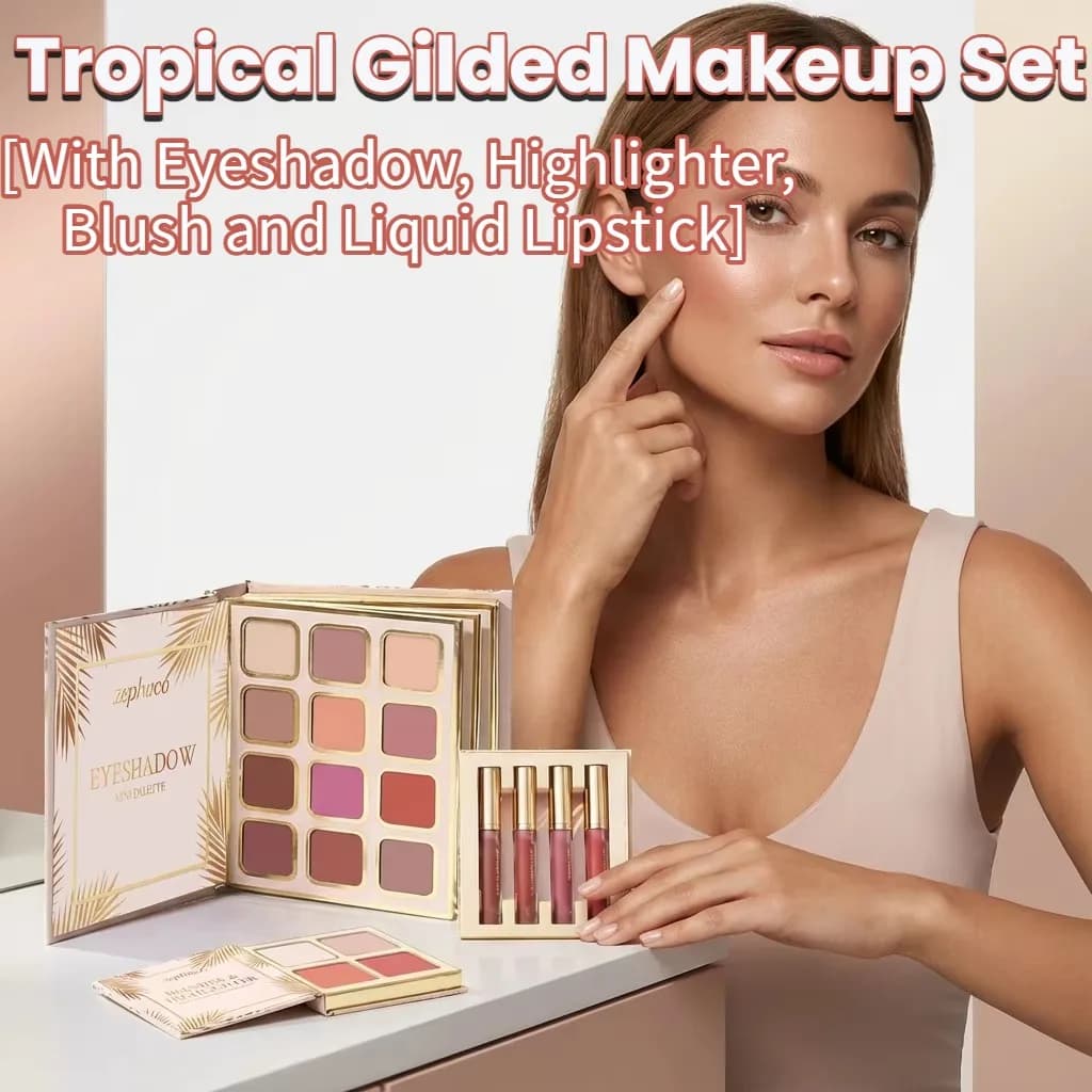 Set Trucco Tropicale Dorato: Palette Completa Occhi e Viso con Illuminante e Blush, 4 Rossetti Liquidi Opachi, Bronzer Illuminante Effetto Sunkissed, Altamente Pigmentato, Resistente al Sudore, Kit Trucco Completo per Festival Estivi e Viaggi, Vegano e Cruelty-Free