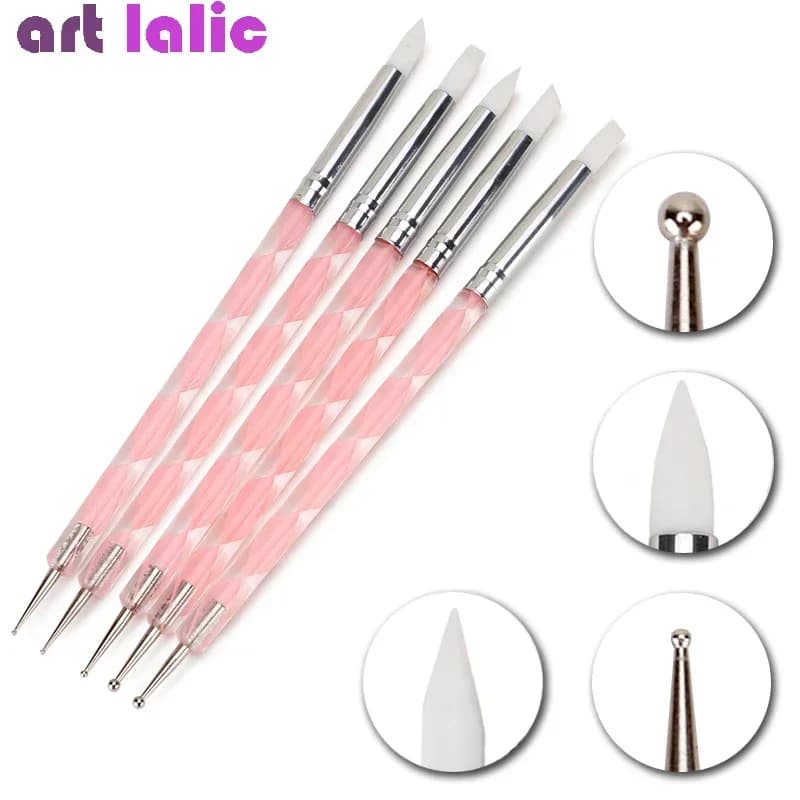 Set di 5 Penne per Unghie in Silicone a Forma di Fiore, Strumenti per Nail Art a 2 Punte in Acciaio Inox, Penne per Marmorizzazione e Pittura