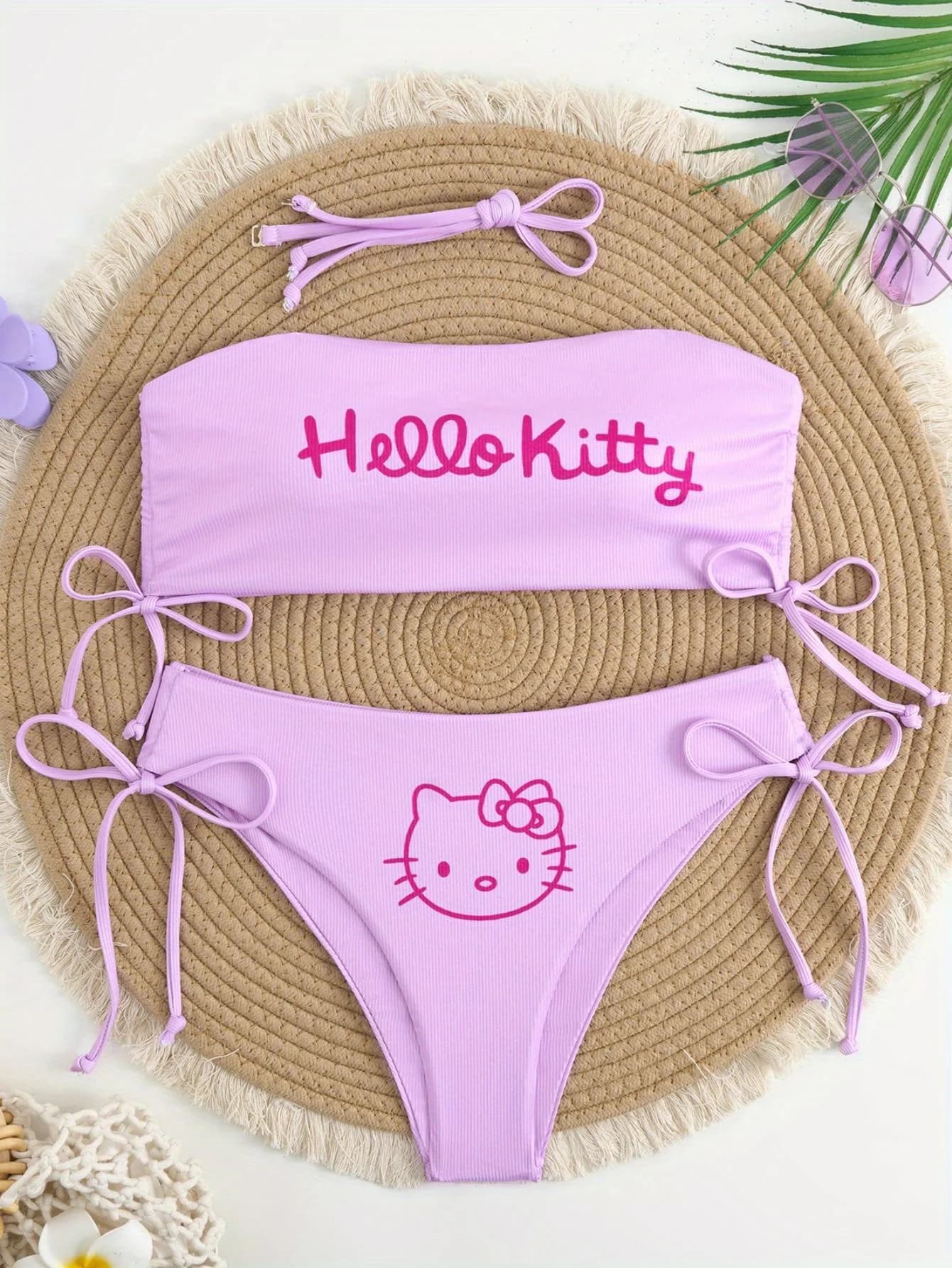 Set bikini a fascia viola chiaro Hello Kitty per donna, costume da bagno a costine con laccetti laterali, per l'estate e la spiaggia