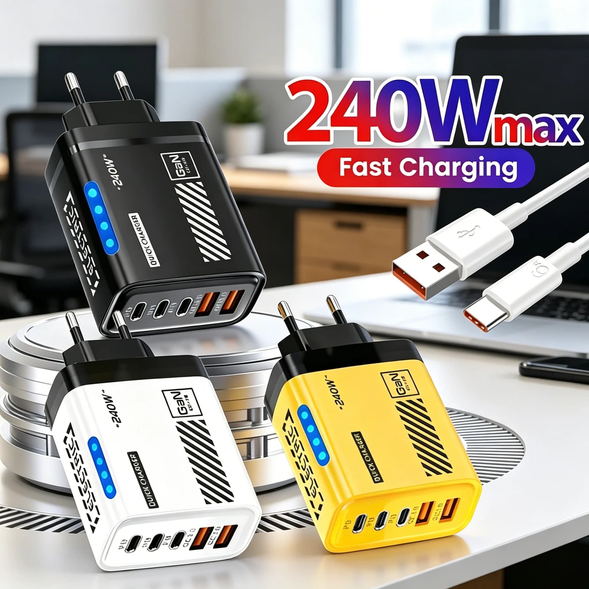 Caricatore Rapido USB C da 240W a 5 Porte con Adattatore da Parete US/EU/UK e Cavo da 1M 6A, Ricarica Rapida 3.0 per iPhone 17 Pro Samsung Xiaomi