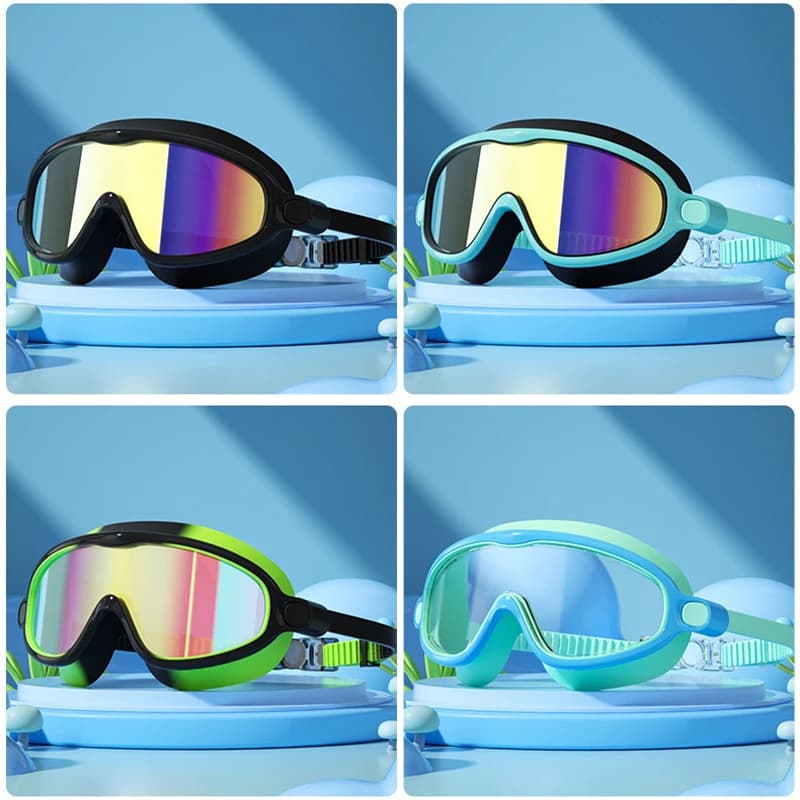 Kids Big Frame Swimming Goggles HD Anti-Fog Waterproof Swim Glasses with Silicone Seal & Earplugs for Boys Girls Children