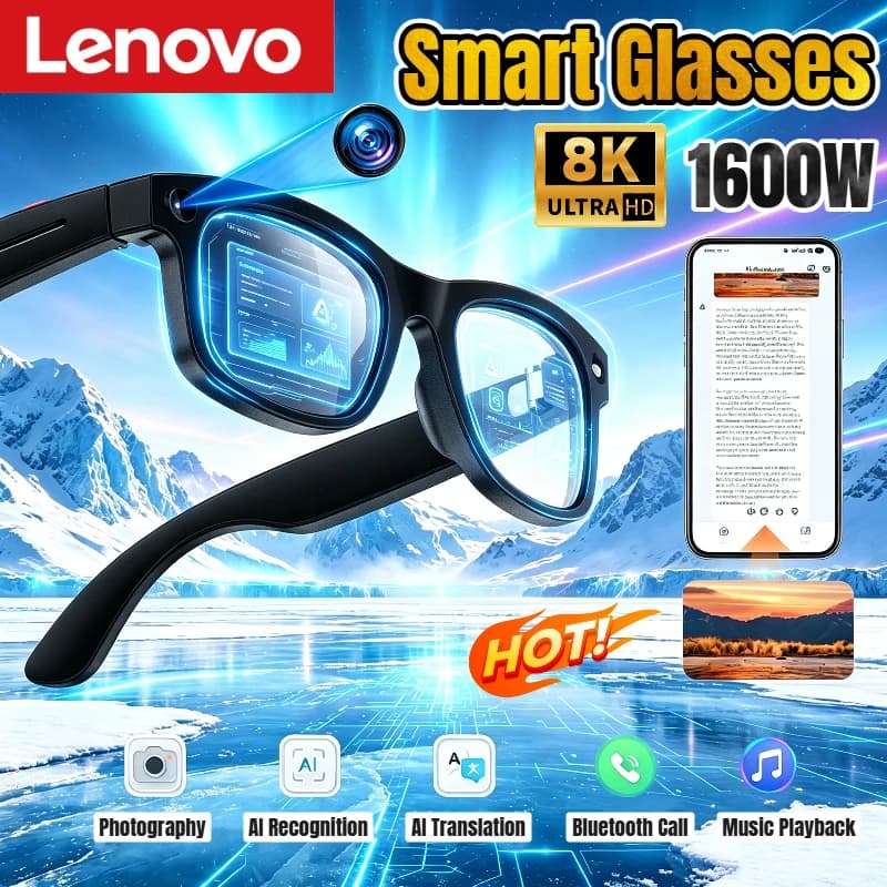 Lenovo 8K AI Smart Glasses 1600W Camera HD Bluetooth Glasses Language Translation Calling Voice Assistant Adults Sunglasses