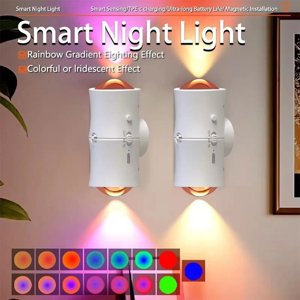 Sensore di movimento RGB 7 colori Luce notturna a LED Ricarica USB Induzione umana intelligente Lampada per armadio a doppia testa Luce per scale da cucina