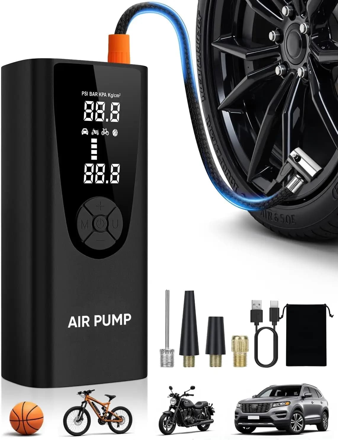 Gonfiatore portatile per pneumatici senza fili con 180 PSI, gonfiaggio rapido per palla per bici da auto, indicatore digitale e luce a LED