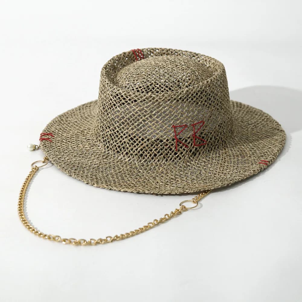 RB Hat, Designer Fashion Hand Stitched Metal Chain Straw Hat, Hollow Salt Grass Concave Top Sun Cap for Export