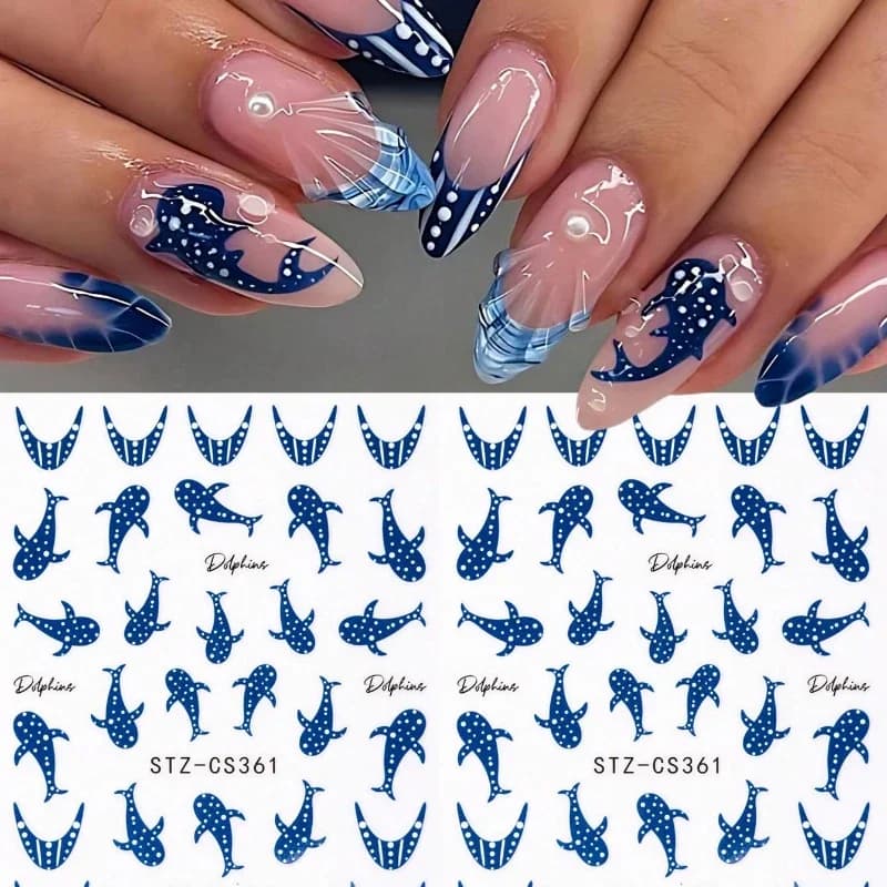 2 adesivi per unghie con simpatiche balene blu dei cartoni animati, linea ondulata con pois e delfini oceanici, decorazioni per unghie primavera/estate, decorazioni per unghie Y2K