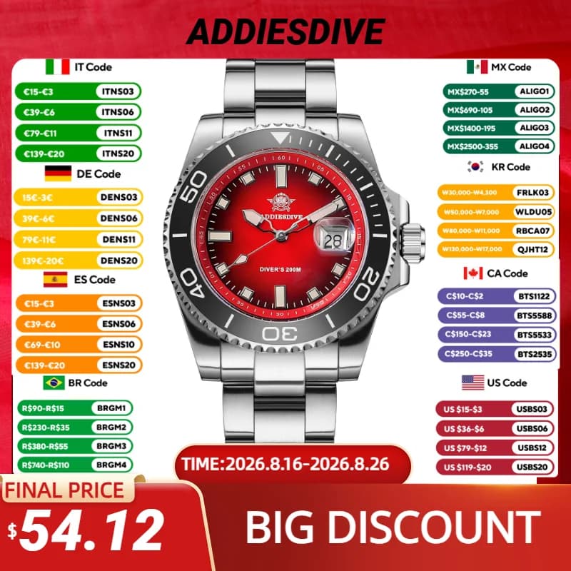 ADDIESDIVE Quartz watch AD2089 stainless steel red dial super bright waterproof underwater watches for men Fashion NEW reloj hombre