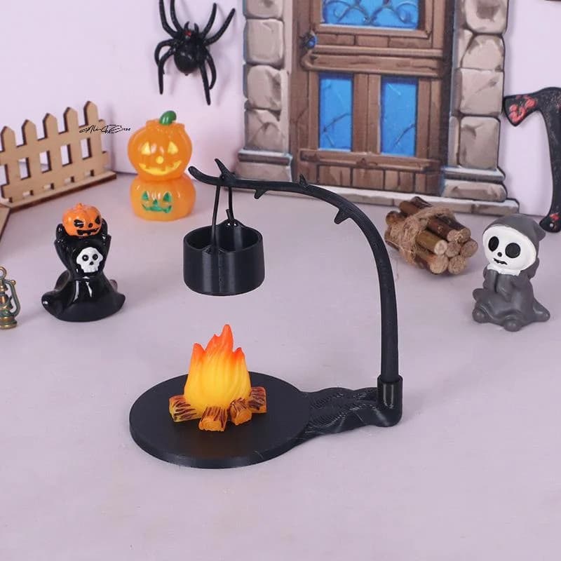 4/5 pezzi mini fornello sospeso e accessorio scena per palo di fuoco per la decorazione della casa delle bambole con micro paesaggio da campeggio all'aperto