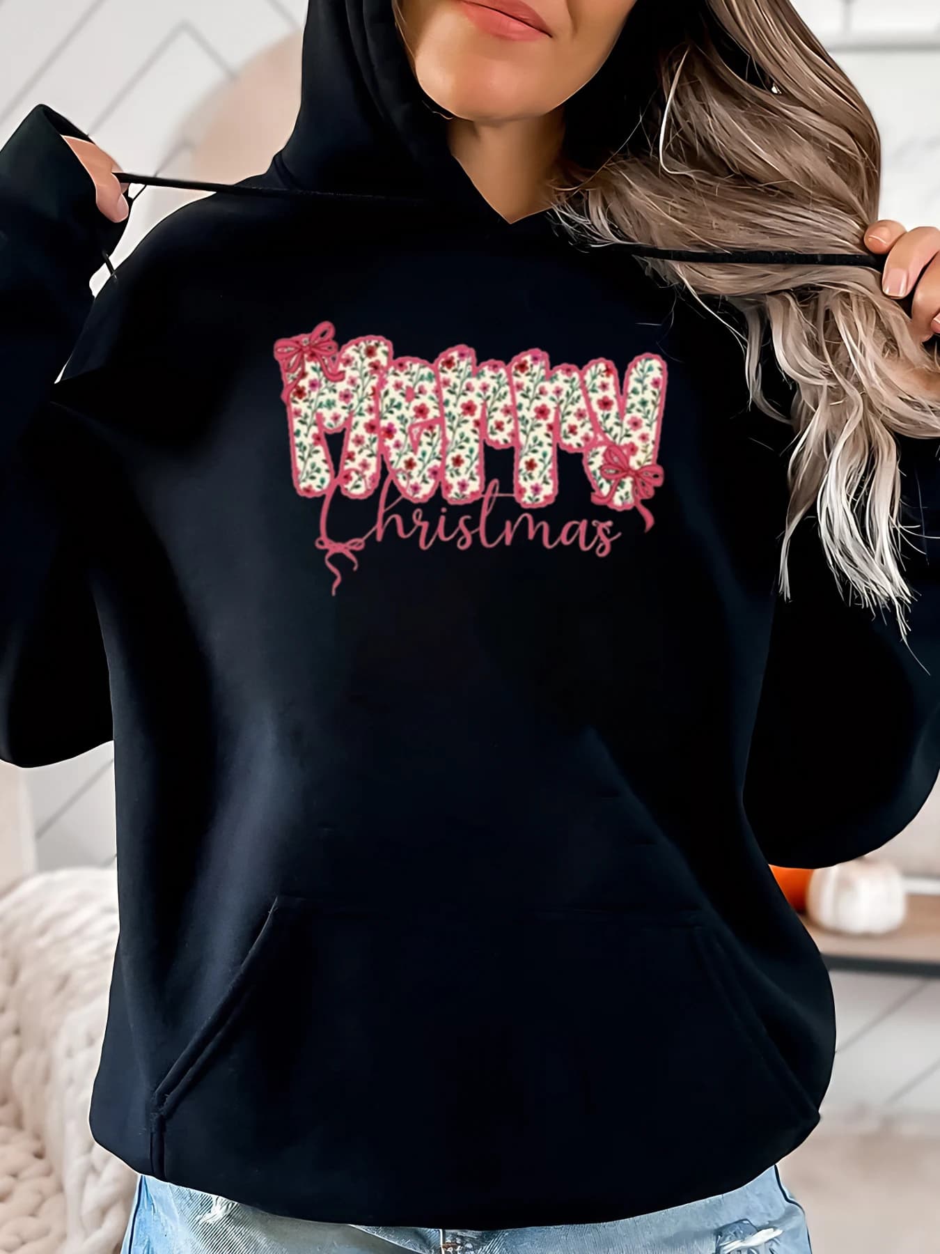 Christmas Floral Printed Hoodie for Vacation Casual Clothing Women Black Plus Size