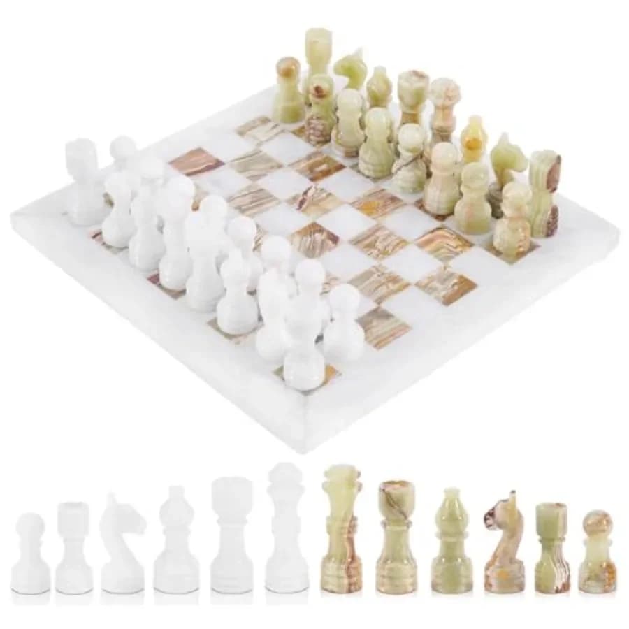 Set di Scacchi in Marmo Radicaln 12'' in Onice Bianco e Verde, Gioco da Tavolo di Lusso Fatto a Mano per Adulti, Ideale per Arredamento Casa