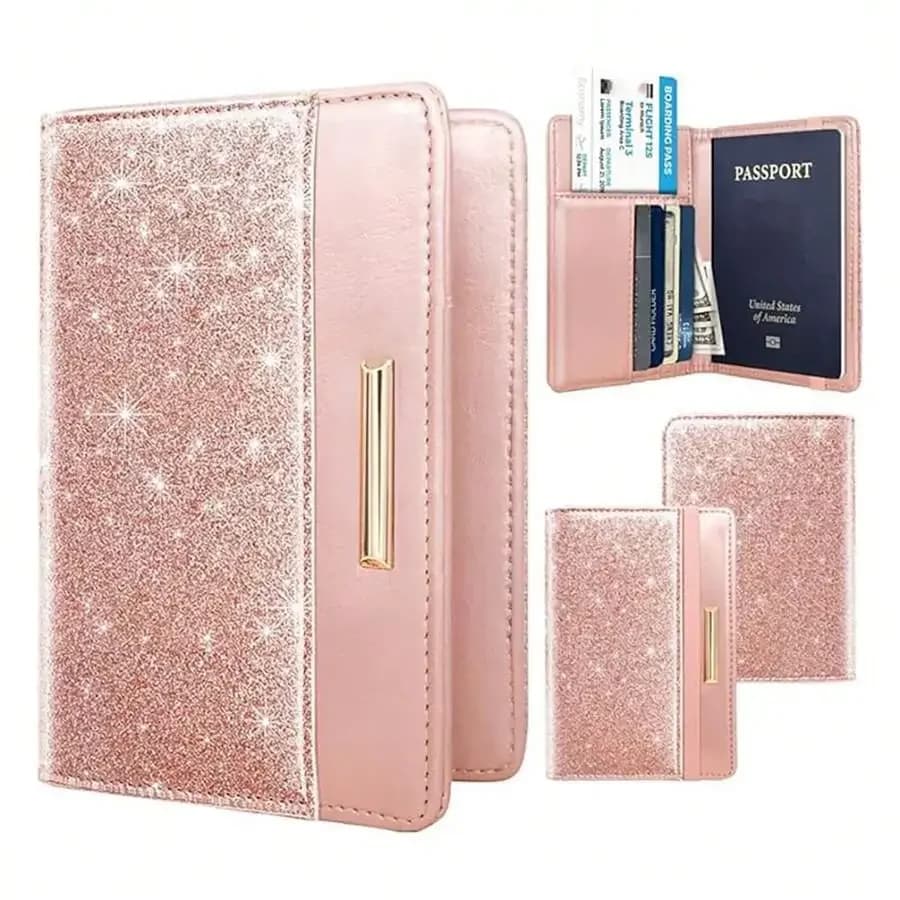 Porta Passaporto Femminile con Protezione RFID, Portafoglio per Passaporto Glitterato e Carino con Fascia Elastica, Porta Passaporto da Viaggio