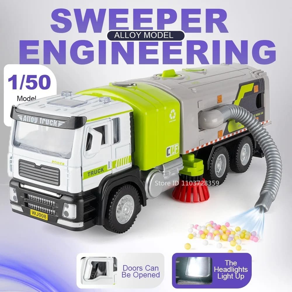 1:50 Scale Vacuum Cleaning Car Model Toys Alloy Diecast Engineering Vehicle Sound Light Rubber Tires for Kids Edutainment Models
