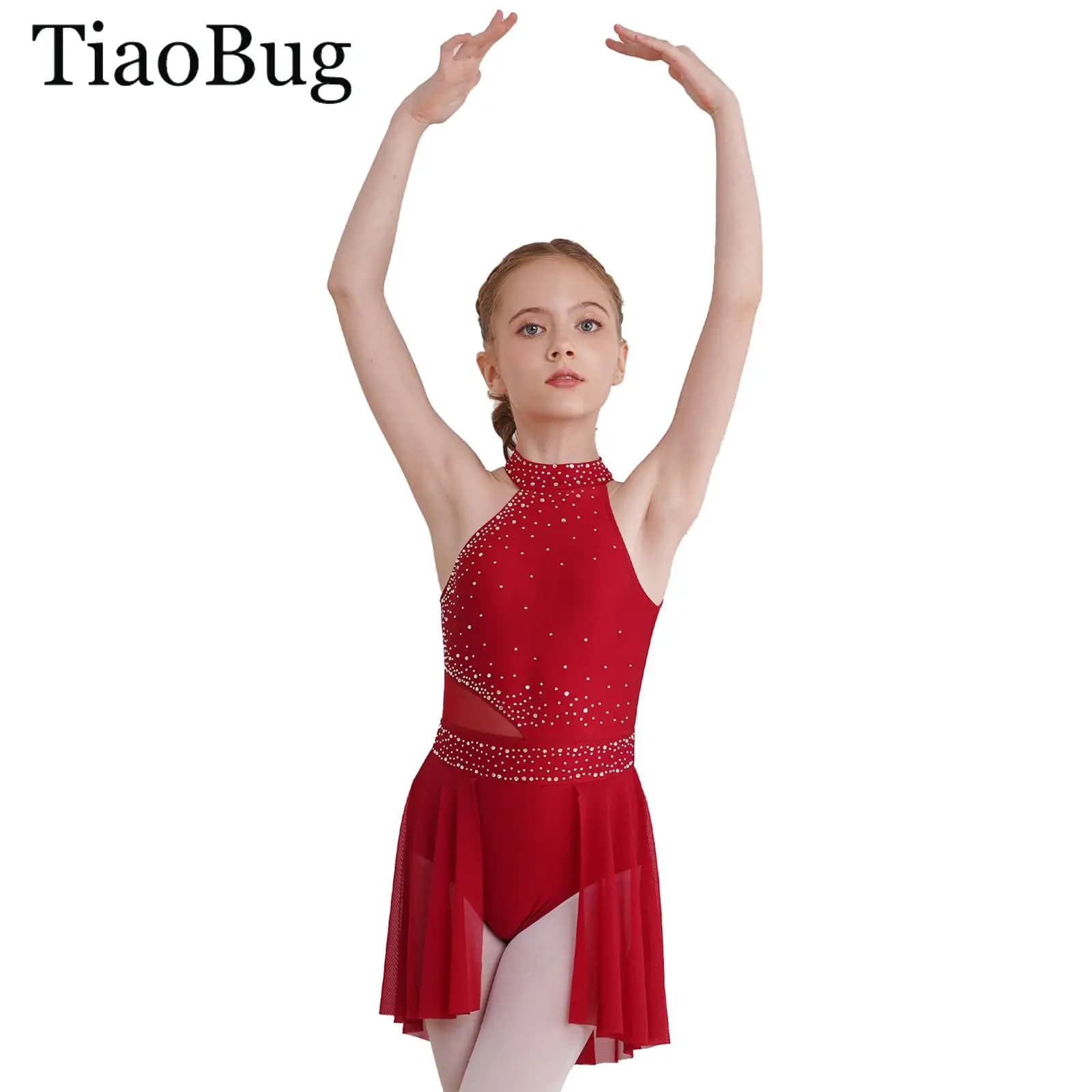 Vestito da ballo per bambine, body da danza lirica con orlo irregolare, strass, per pattinaggio artistico e ginnastica ritmica, per performance sul palco
