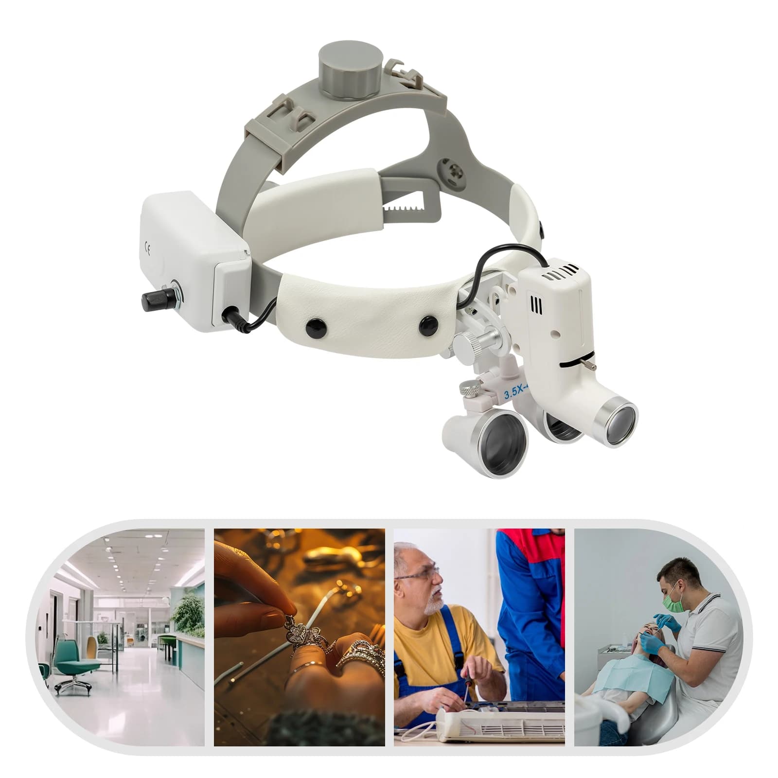 Lente d'ingrandimento binoculare medica bianca con luce LED Lente d'ingrandimento 3,5X Fascia regolabile per esame clinico