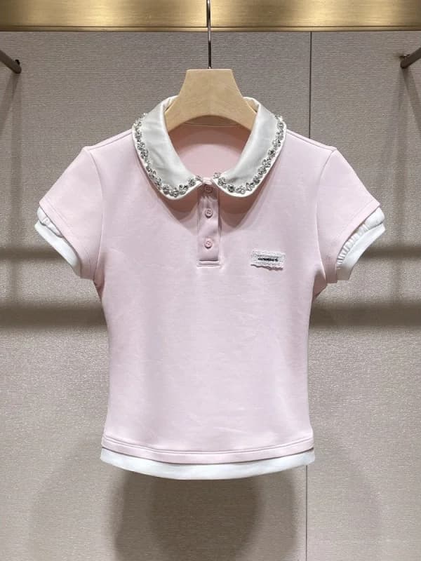 Unique Outlet Store Short Sleeve Neck T-Shirt Diamond Embellished Korean Style Casual High Waist Loose Fit Women's Top