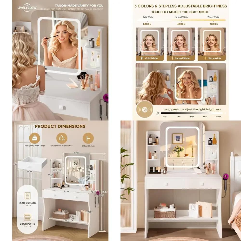 Comoda Scrivania per Trucco Compatta Bianca da 29,5 Pollici con Specchio LED, Presa di Corrente, Ripiani Portaoggetti e Supporto per Asciugacapelli per Piccoli Spazi