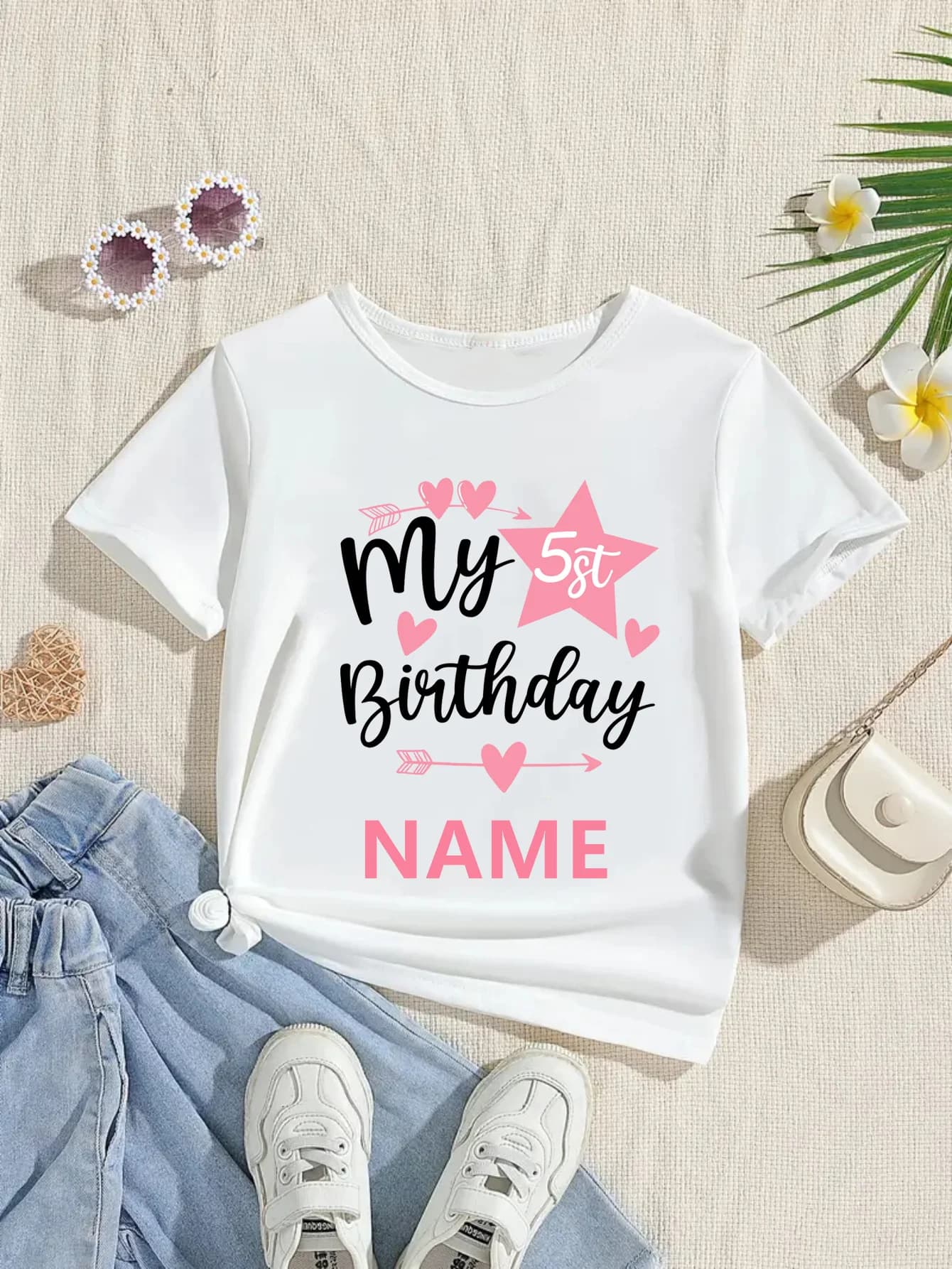 Maglietta per il 1°/2°/3°/4°/5°/6°/7° compleanno delle ragazze, maglietta rosa con freccia e cuore, maglietta digitale personalizzata con nome per il compleanno