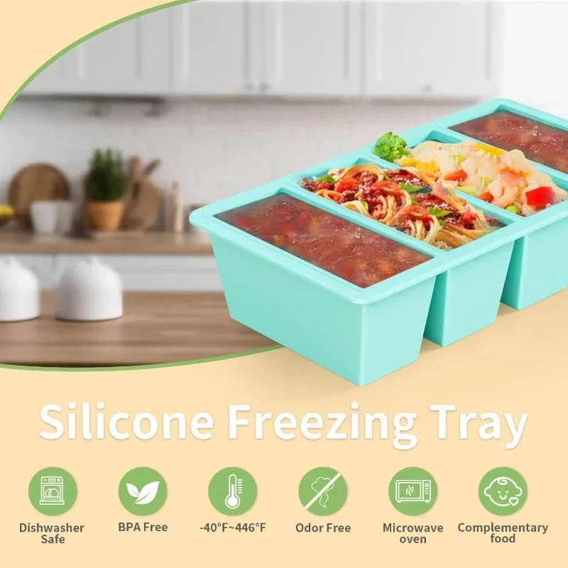 Stampo per ghiaccio in silicone a 4 scomparti con coperchio, adatto per zuppe, brodo, salse, contenitori per alimenti, vassoio per congelamento, facile da sformare