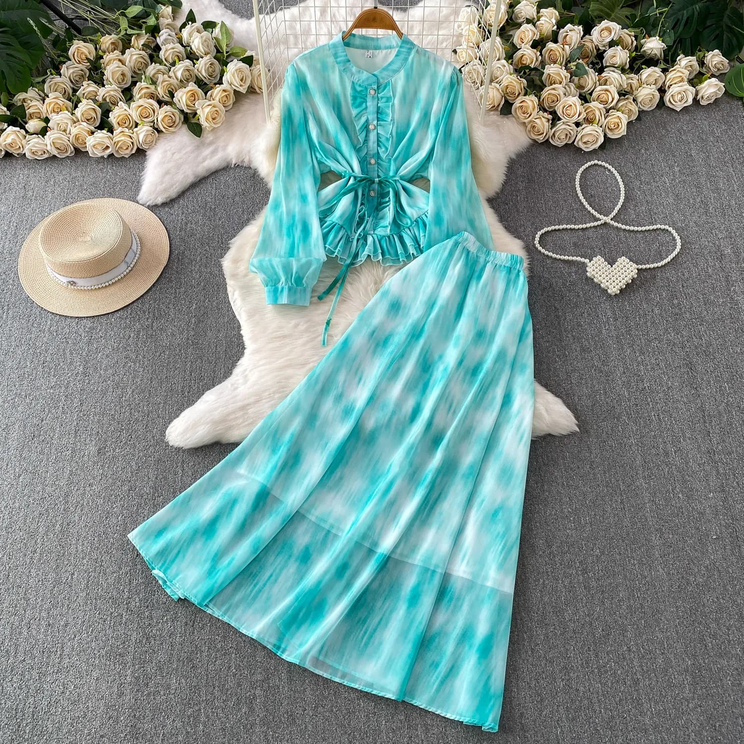 Spring Autumn Bohemian Women Tie Dye Print Two Piece Set Elegant O-Neck Single Breasted Blouse+ High Waist Skirt Suit Beach New