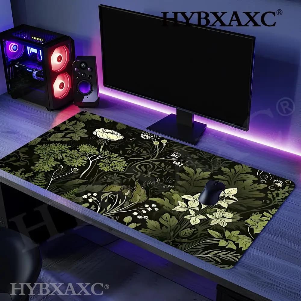 HYBXAXC Tappetino per mouse con motivo floreale verde botanico, grande, antiscivolo, accessori da gioco, tappetino per mouse con bordi cuciti per ufficio e casa