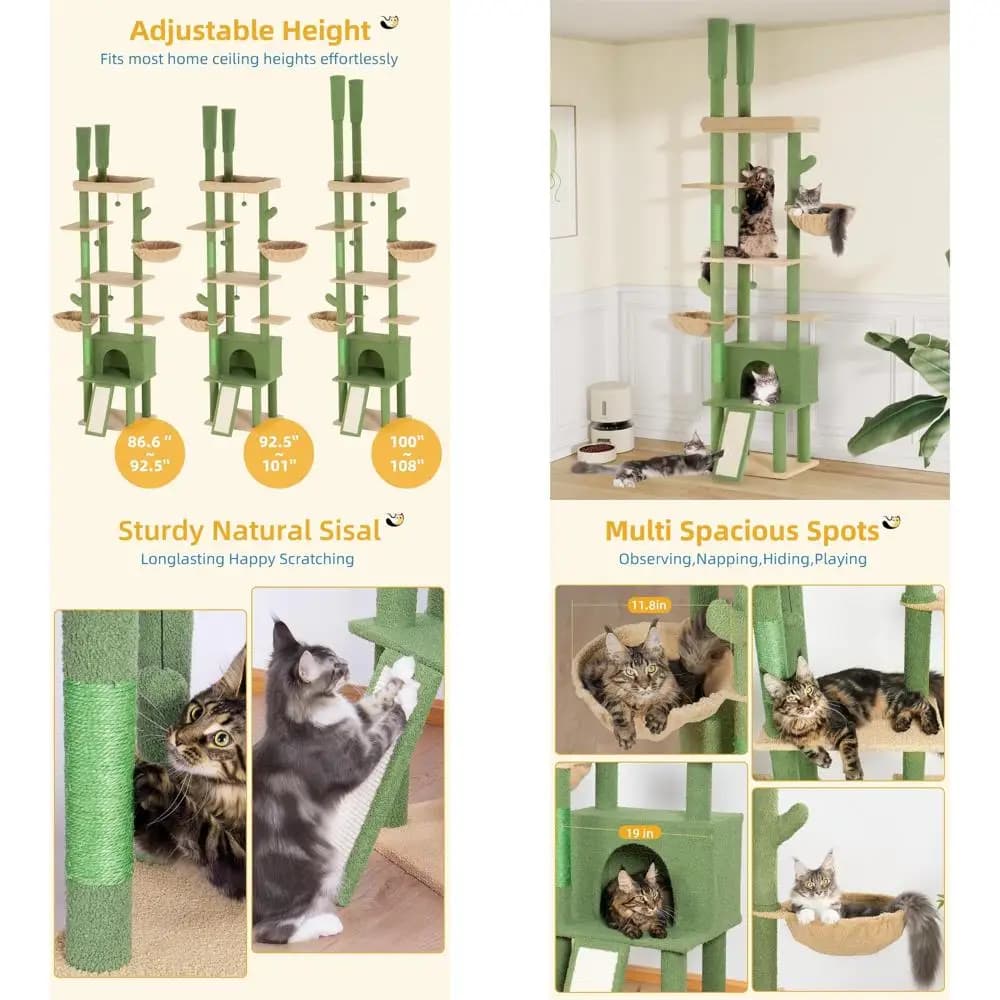 Albero per gatti dal pavimento al soffitto con grande perca da 18,9 e condominio, torre da interno robusta 86-108 per gatti grandi, verde cactus
