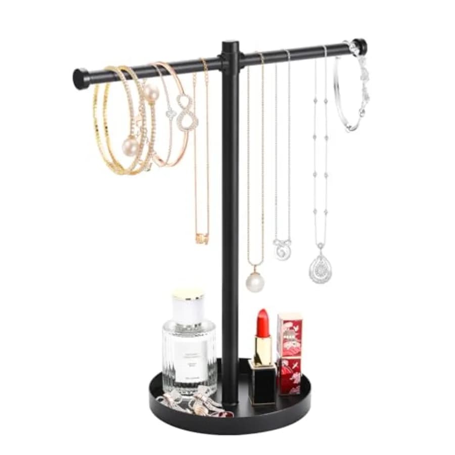 Jewelry Necklace Organizer Stand, 12.9" Tall Sturdy Metal Jewelry Stand with Round Tray for Bracelet Bangles Holder Display, Lo