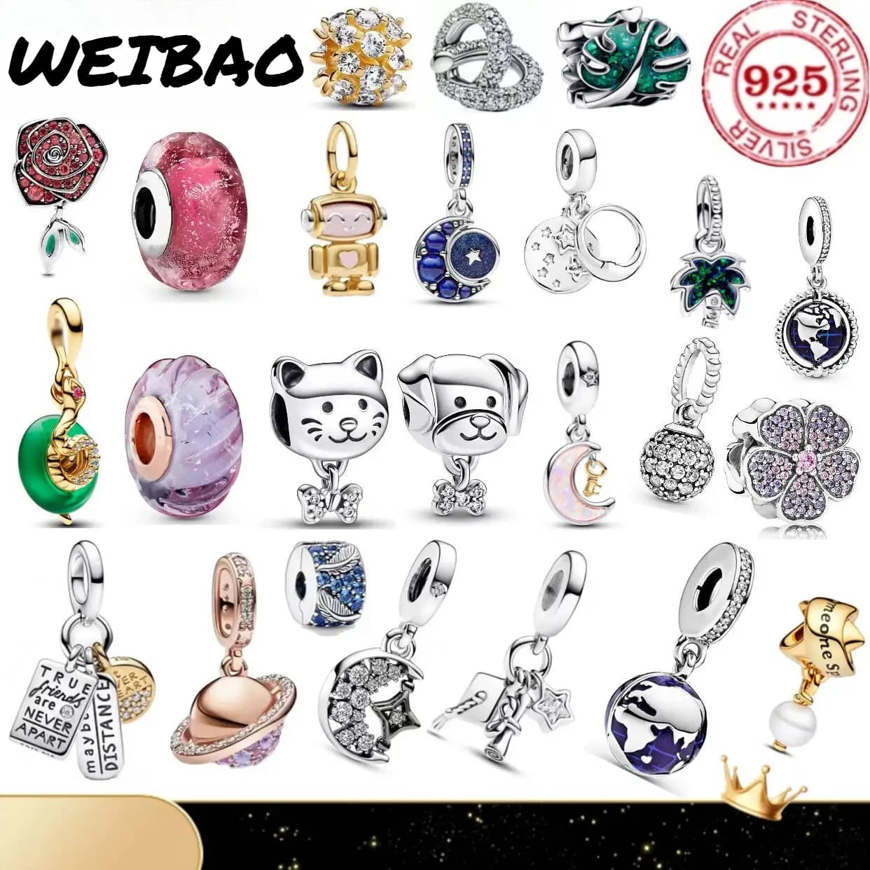 Ciondolo in Argento Puro 925: Raffinato Pendente Sole Luna e Stelle con Gatto e Cane, Bracciale Originale per Donne, Regalo Elegante Fai-da-Te