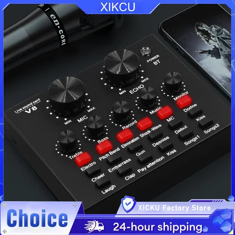 Mixer Audio V8 V8S USB Esterno con Microfono e Cuffie per Webcast, Trasmissione Personale dal Vivo, Scheda Audio per Telefono e Computer