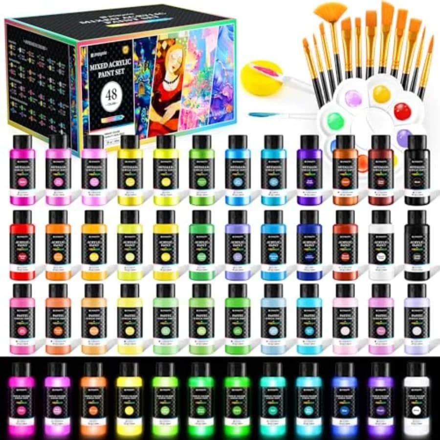 64 PCS Classic and Pastel and Metallic and Glow in the Dark Acrylic Paint Set with 12 Brushes, 2 Knives and Palette, 48 Colors