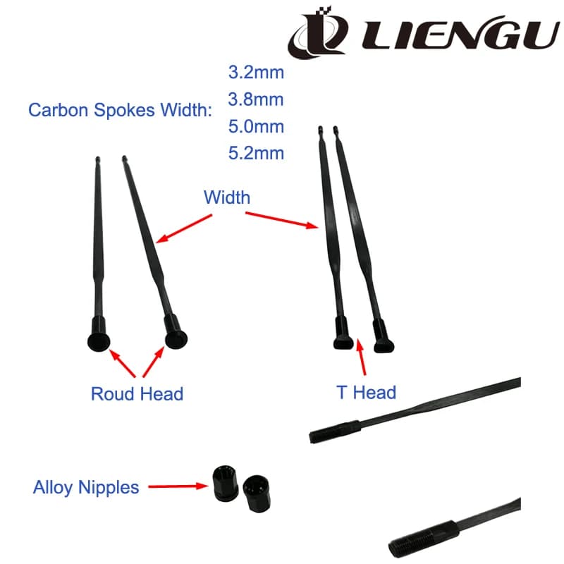 Raggi in Fibra di Carbonio Leggeri per Ruote da Bici da Strada, Trazione Diretta, Larghezza 3.2mm 3.8mm 5.0mm 5.2mm, Testa Tonda e Testa a T
