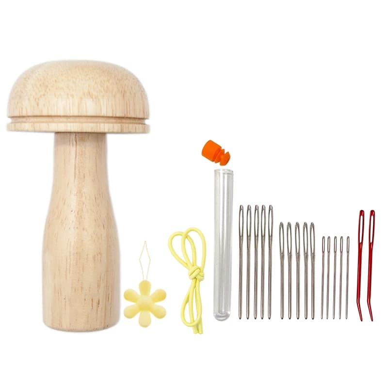Fungo per rammendo Simpatico strumento per cucire in legno Riparazione Crea rammendo con aghi da cucito Set Aghi per arazzo con punta piegata in alluminio smussato