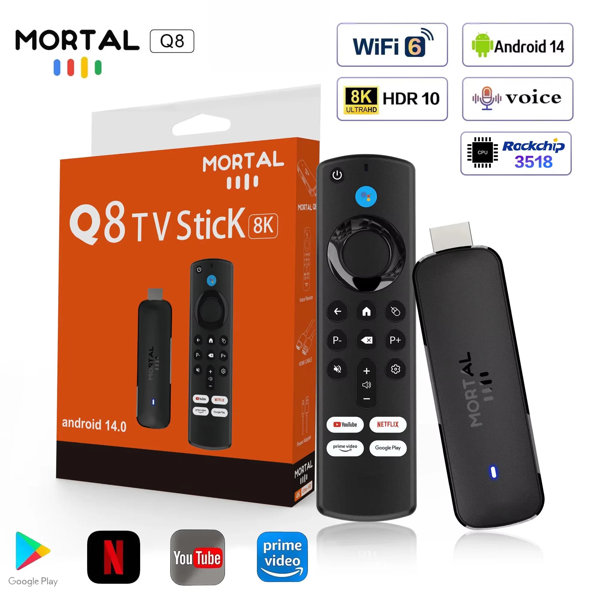 Mortal Q8 Android14 TV stick WIFI6 Voice control TV stick 8K video RK3518 Netflix YouTube Tv box Streaming Free live TV
