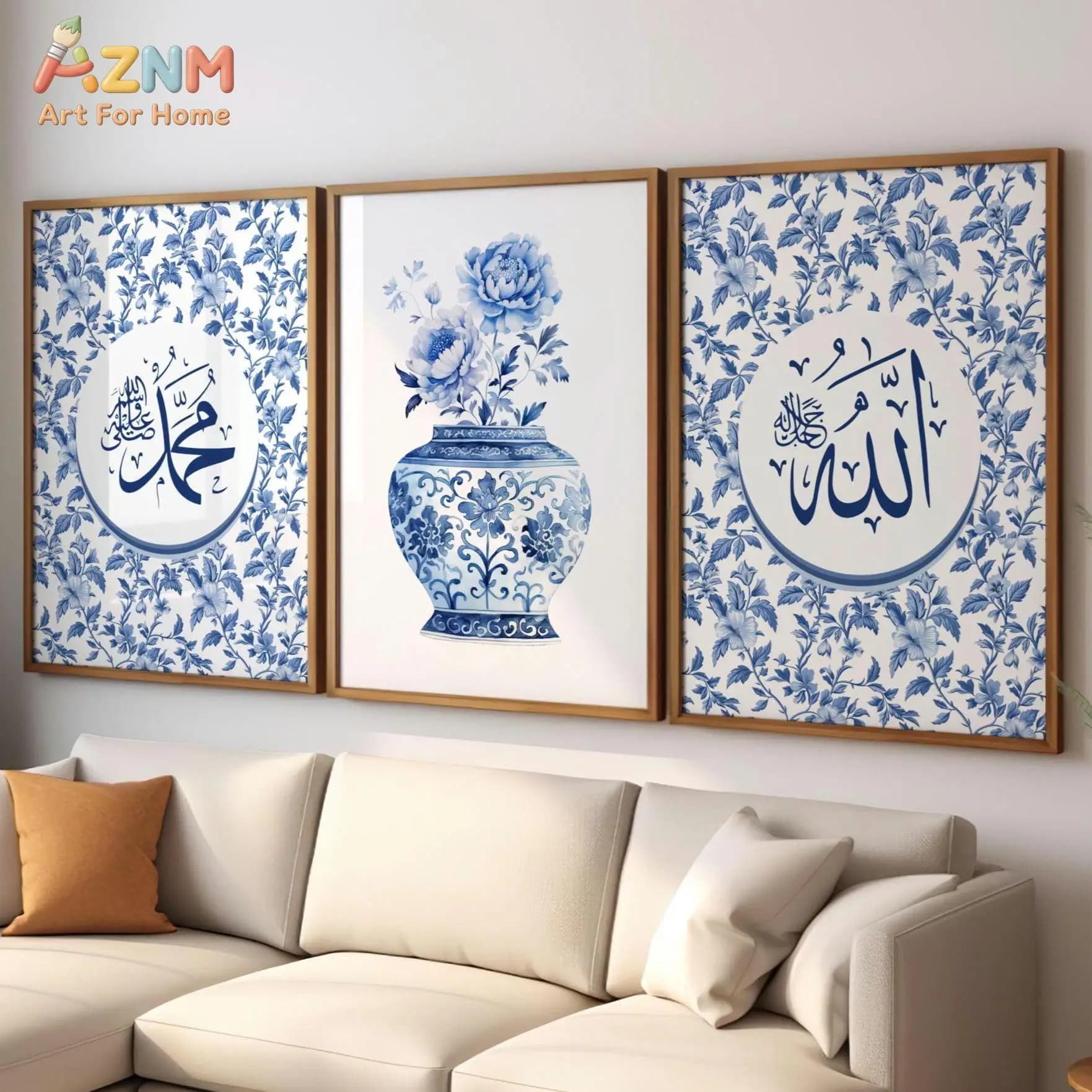 3PCSAZNM 3 Pieces Islamic Blue Floral and Arabic Calligraphy Canvas Wall Art Set, Allah Muhammad and Chinoiserie Vase Print Pain