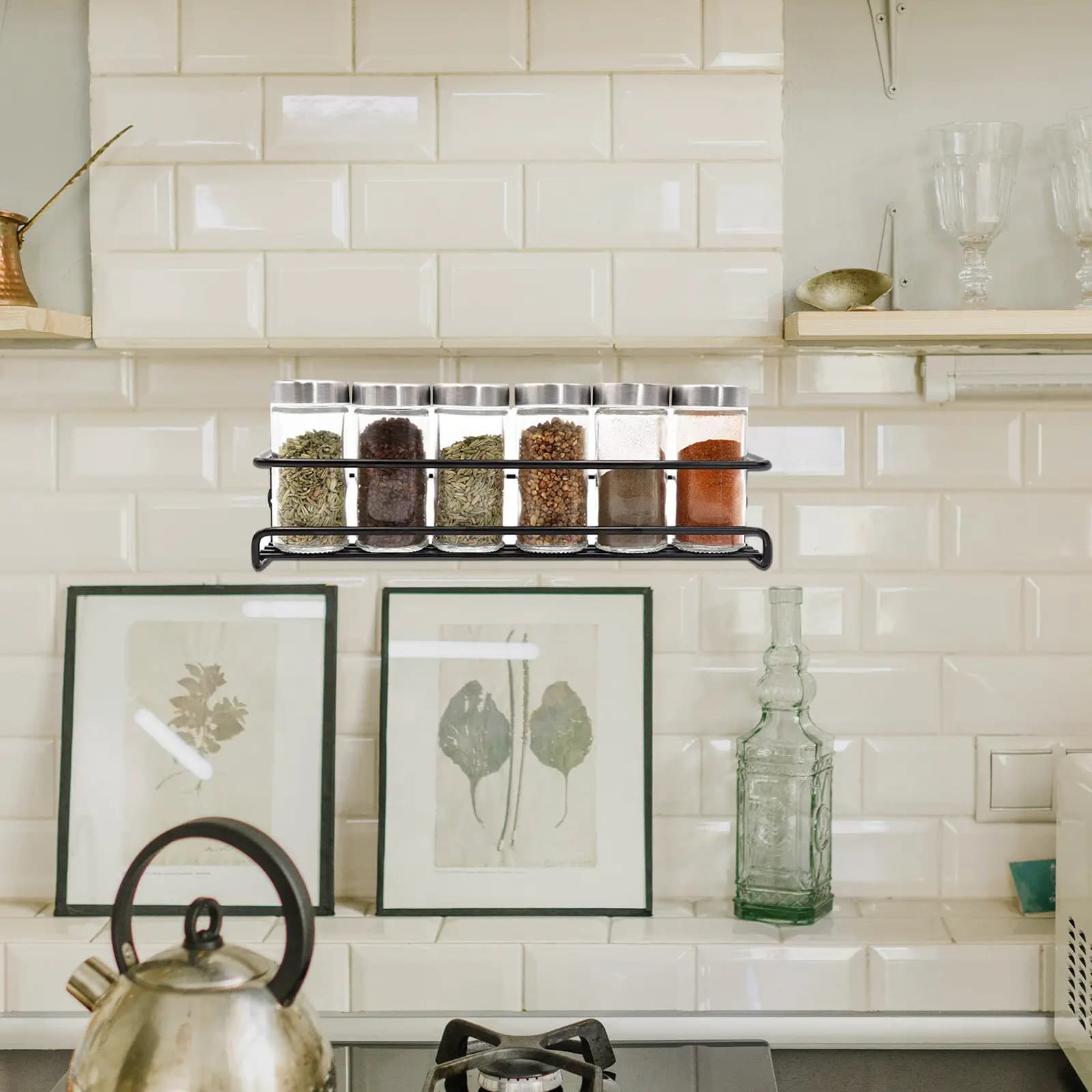 2Pcs Kitchen Spice Storage Racks Wall-Mounted Holder Black Kitchen Shelf Seasoning Organizer for Family Restaurant