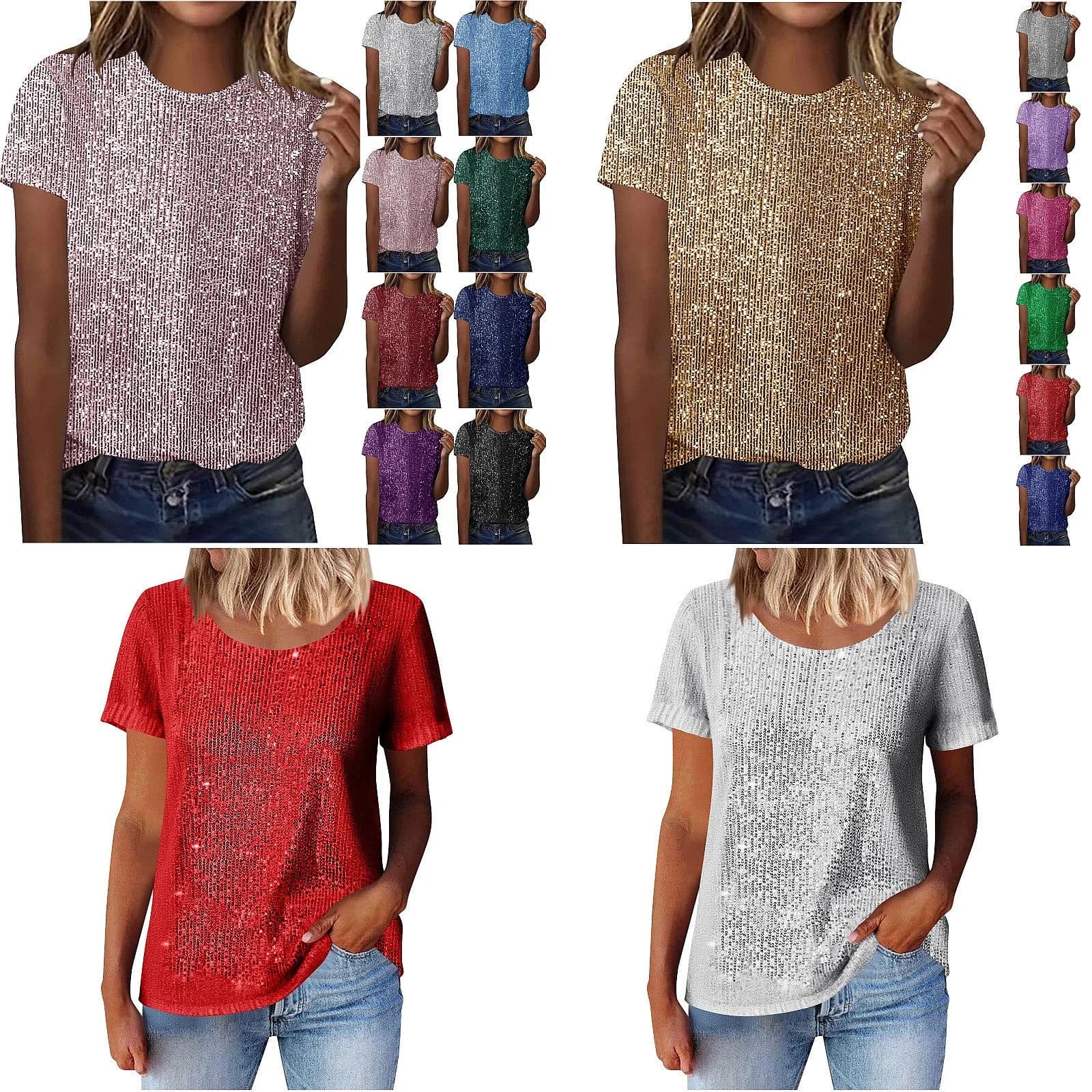 Maglietta da donna con paillettes, scollo rotondo, manica corta, camicetta, t-shirt, primavera estate, 14 colori