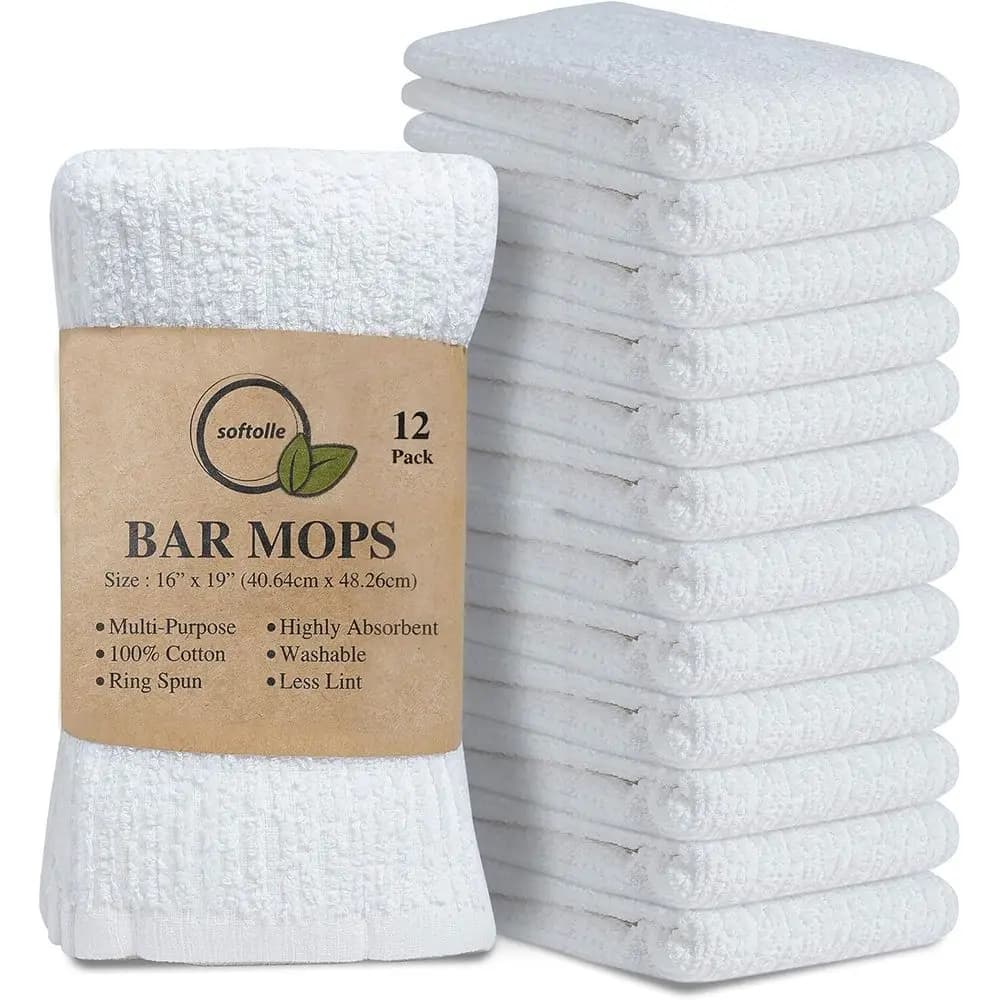 Kitchen Bar Mops Towels, Pack of 12 Towels - 16 x 19 Inches, 100% Cotton Super Absorbent White Bar Towels, Multi-pose Cleaning T