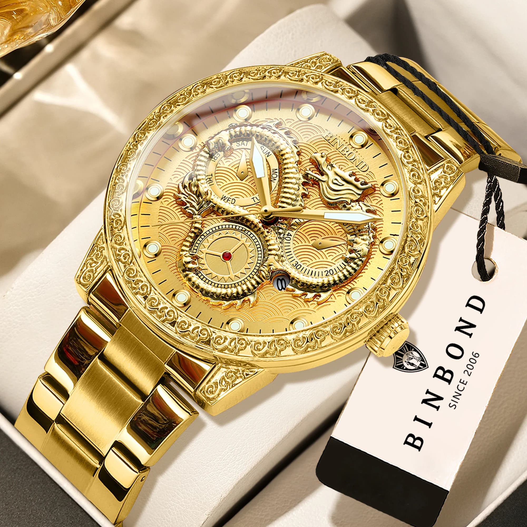Orologi da polso al quarzo di lusso BINBOND Dragon per uomo, luminosi, impermeabili, con data automatica, orologio da uomo per affari, sport, moda, casual.