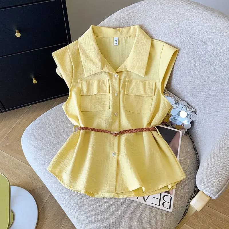 Temperament Sleeveless Solid Pockets Patchwork Blouse Summer Polo Neck Lazy Simplicity Shirt Tops Fashion Office Women Clothing