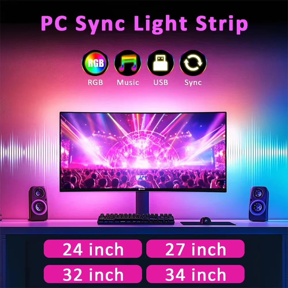 USB Computer Sync Light Strip Luci di striscia per PC 24 27 32 34 pollici Monitor Schermo RGB Retroilluminazione a LED per la decorazione dell'atmosfera della sala giochi