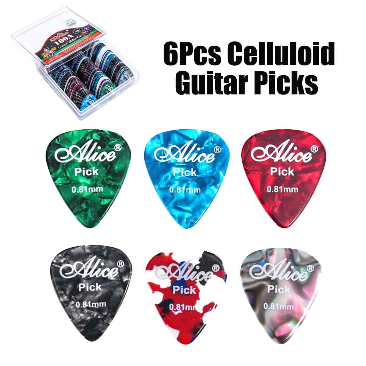 Alice 6Pcs Colorful Celluloid Guitar Picks – 0.46/0.71/0.81/0.96/1.20/1.50mm or Mixed, 6 Thickness Options,Bright Tone,Bulk Pack