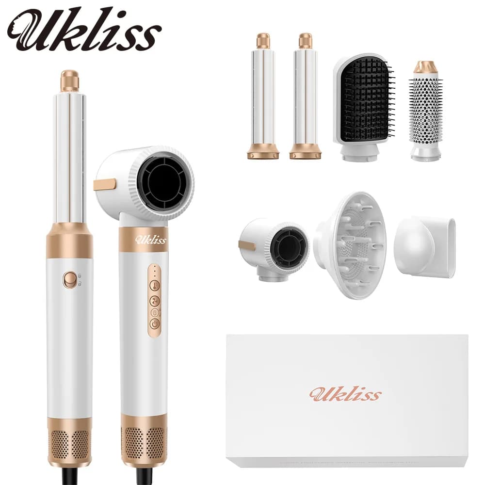 UKLISS Hair dryer and styler 7 in 1, set of hot air brushes with curling iron, volume, smooth finish