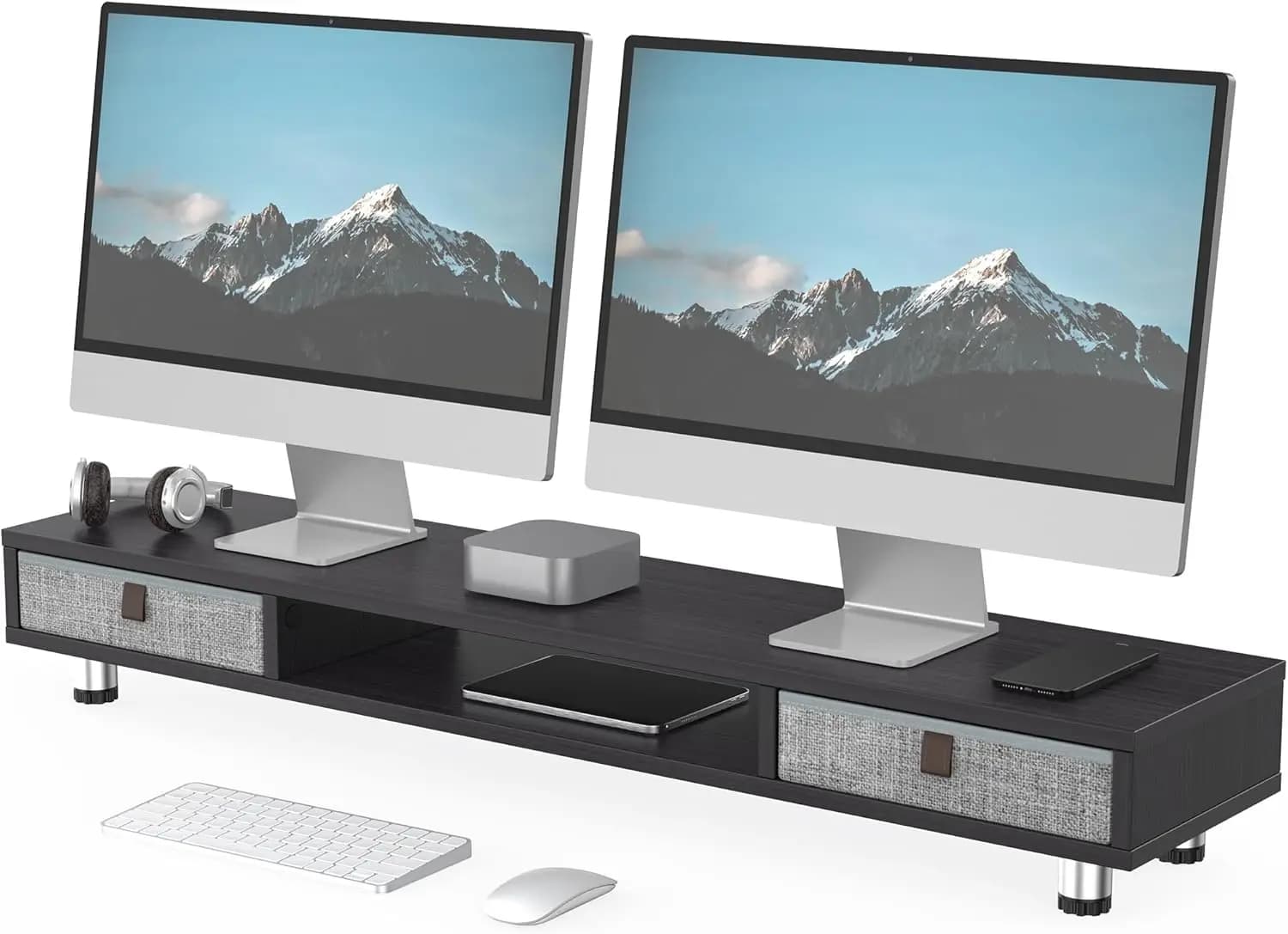 Support for Double Monitor 42.5 Inches with Drawers, Adjustable shelf for Laptop, PC, TV
