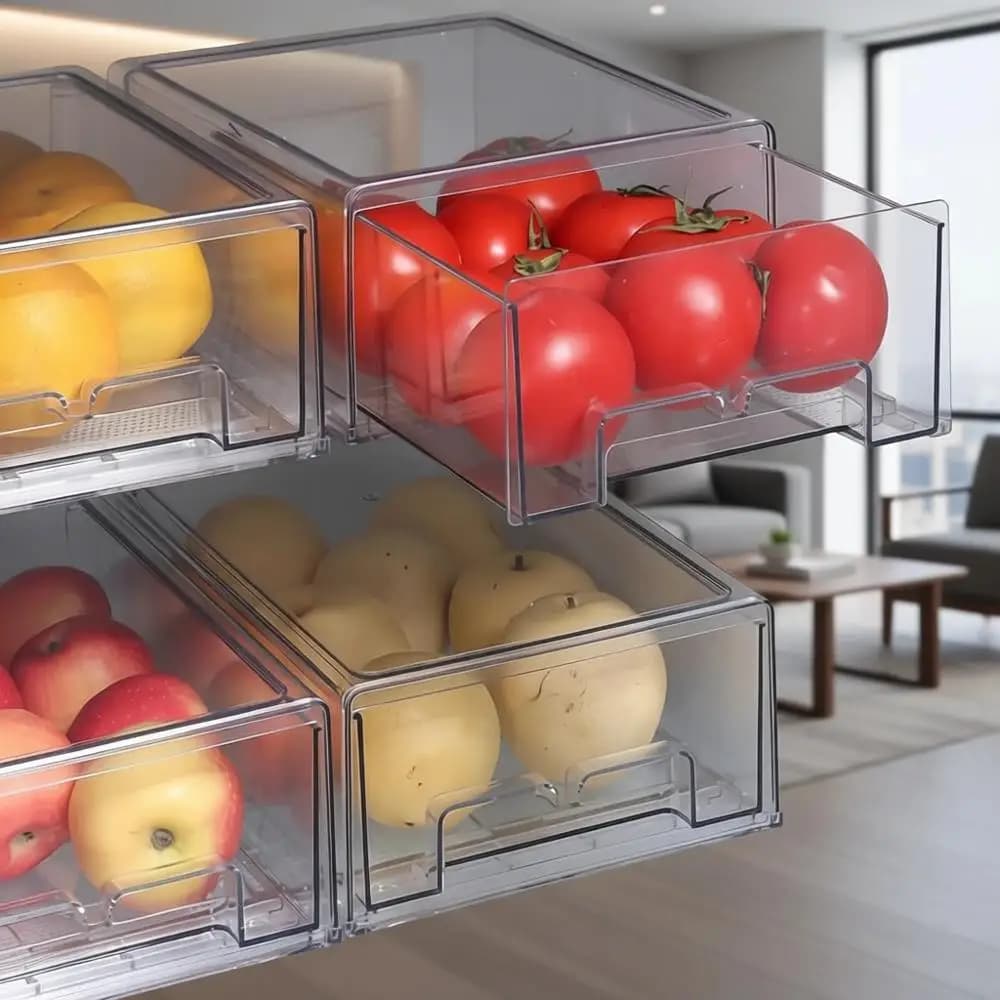 Contenitori Organizzatori Impilabili per Frigorifero con Cassetto Estraibile, Contenitori Trasparenti Senza BPA per Conservazione Alimenti, per Congelatore e Dispensa