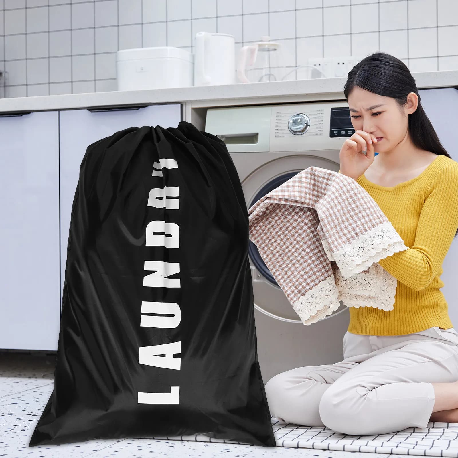 2 Large Bucato Bags with Coulisse, Washable, Oxford Fabric Resistant for Dirty Dresses, Travels, Home, Dormitory, Camping, Black Grey