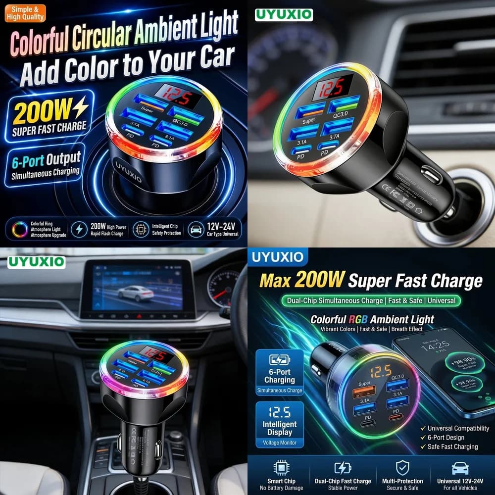 6 in 1 Fast Car Charger Adapter Electronics Products for iPhone 18 17 16 Samsung S26 S25 S24 with Digital Voltage Monitor