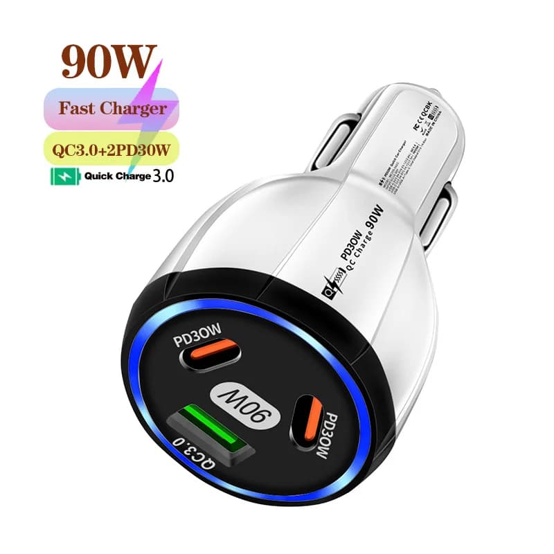 Caricabatteria da auto a 3 porte da 90 W Caricatore super veloce QC3.0 PD30W PPS Caricatore rapido per accendisigari ad alta potenza per iPhone/Huawei/Samsung