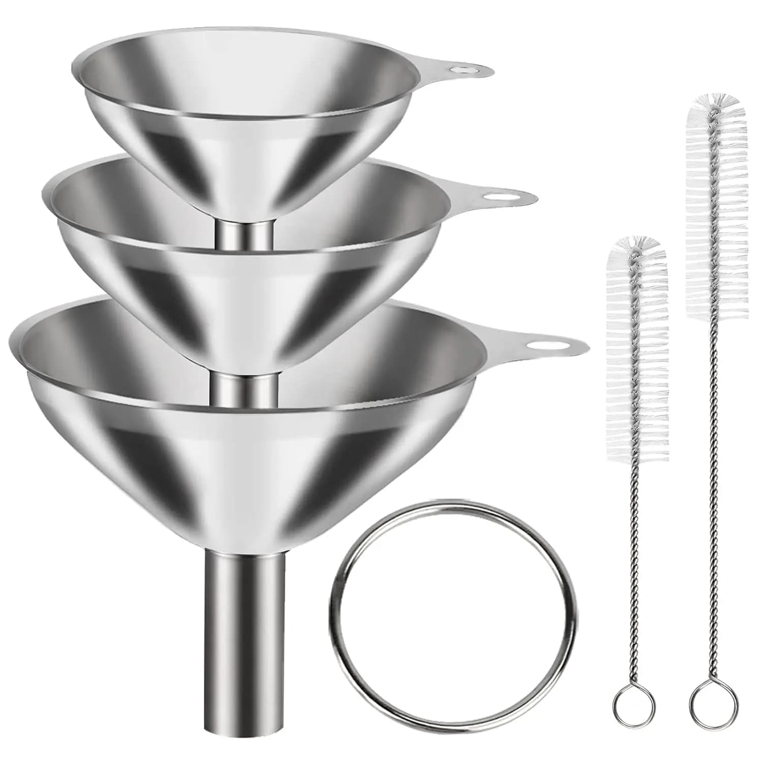 Set di 3 Mini Imbuti in Acciaio Inossidabile con Spazzole per la Pulizia, per Cucina, Riempimento Bottiglie, Liquori e Spezie