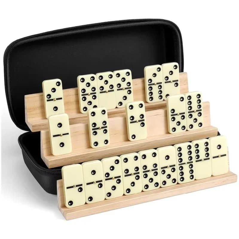Set domino, travel set with wooden base, including card holder and handbag, suitable for casual transport ivory color